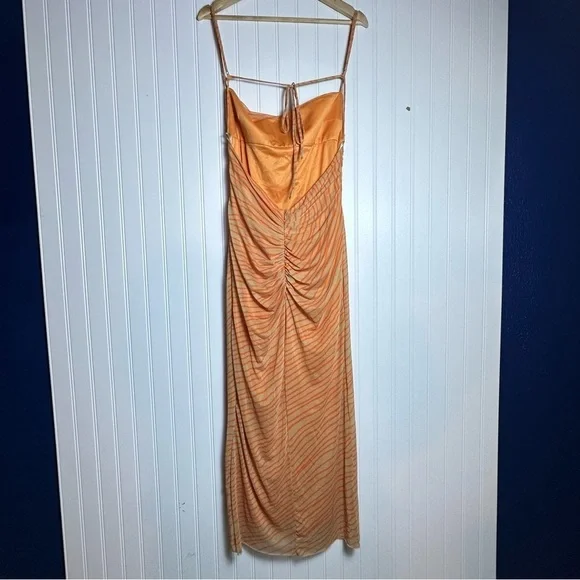 Zara Draped printed orange tulle Elegant Peach Spaghetti Strap Dress XL NWT - Picture 5 of 16